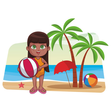 Summer girl with beach ball cartoon in the beach cartoons in the beach cartoons vector illustration graphic designのイラスト素材