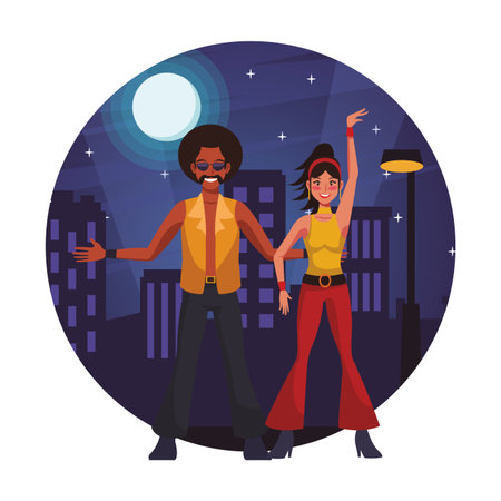 Disco couple dancing in the city round icon cartoon vector illustration graphic designのイラスト素材