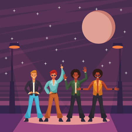 Disco people band dancing and singing on street cartoons vector illustration graphic designのイラスト素材
