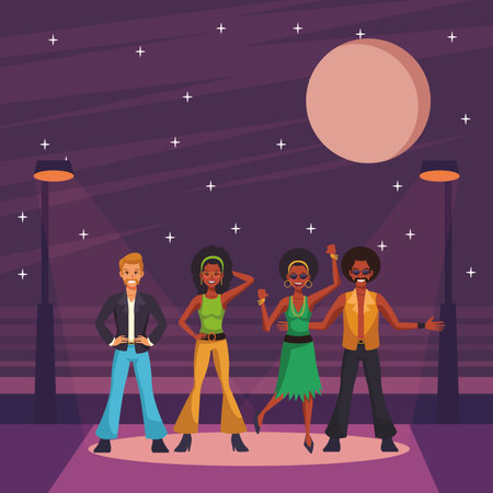 Disco people band dancing and singing on street cartoons vector illustration graphic designのイラスト素材