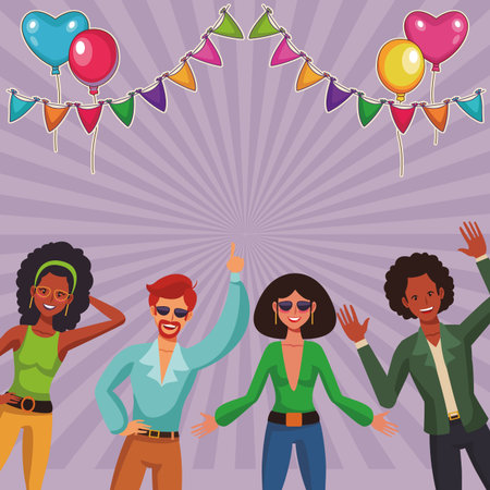 Disco people dancing and singing cartoons in party with pennants and balloons vector illustration graphic designのイラスト素材