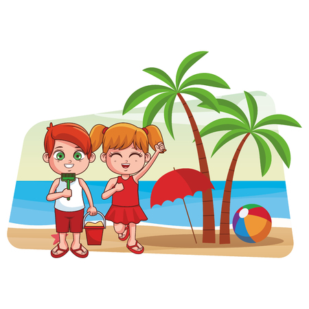 Summer boy and girl in the beach cartoon vector illustration graphic designのイラスト素材