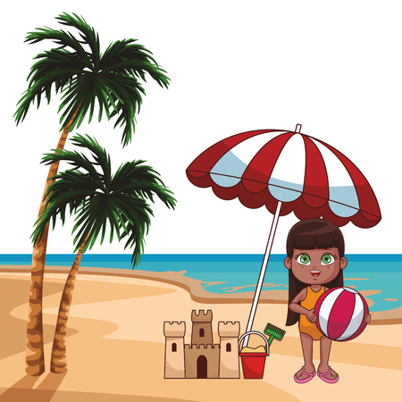 Summer girl with ball and sand castle in the beach cartoon vector illustration graphic designのイラスト素材