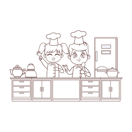 Chef boy and girl cartoons cooking in the kitchen vector illustration graphic designのイラスト素材
