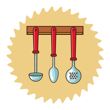 Kitchen utensils in shelf over round label background vector illustration graphic designのイラスト素材