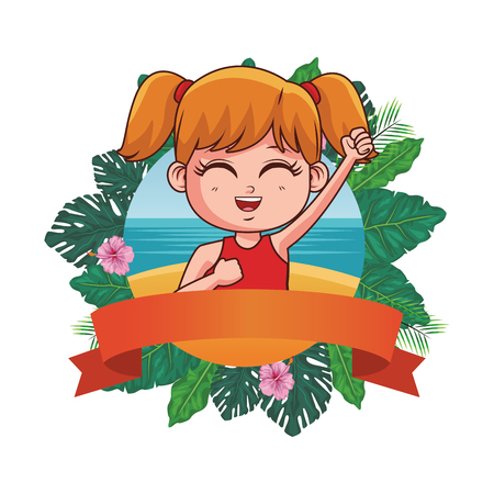 girl in summer with swimsuit cartoon floral emblem with blank ribbon banner vector illustration graphic designのイラスト素材
