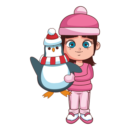 Girl with winter clothes holding penguin cartoon vector illustration graphic designのイラスト素材