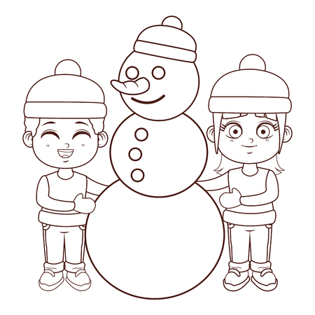 Boy and girl with snowman vector illustration graphic designのイラスト素材