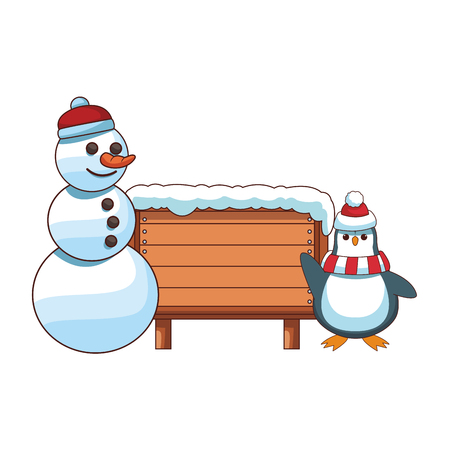 snowman and penguin with blank wooden sign vector illustration graphic designのイラスト素材