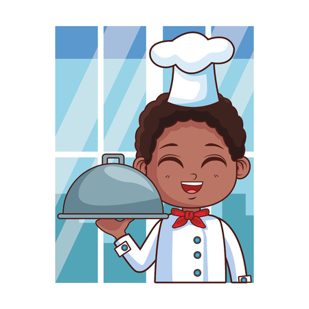 Chef boy with dish dome cartoon  over kitchen window vector illustration graphic designのイラスト素材