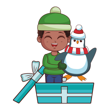 Boy with winter clothes and penguin inside gift box cartoon vector illustration graphic designのイラスト素材
