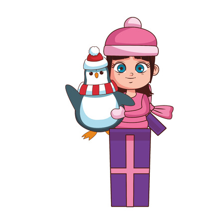 Girl with winter clothes and penguin inside gift box vector illustration graphic designのイラスト素材