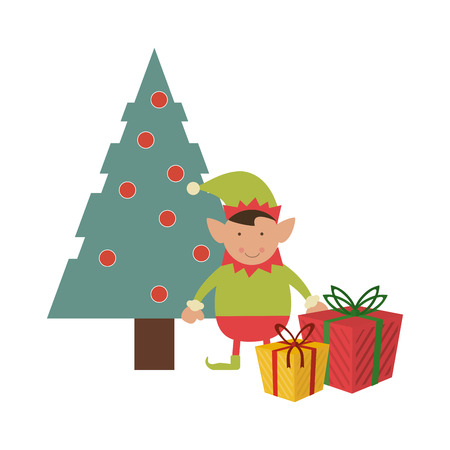 Christmas elf with giftboxes and tree cartoon vector illustration graphic designのイラスト素材