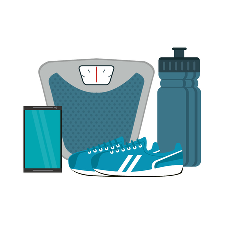Fitness and sport elements shoes and smartphone with balance and bottle vector illustration graphic designのイラスト素材
