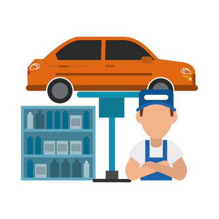 Car mechanic with vehicle on hydraulic arm vector illustration graphic designのイラスト素材