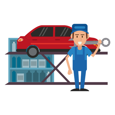 Car mechanic with wrench and vehicle vector illustration graphic designのイラスト素材
