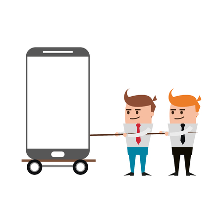 Businessmen pulling with rope smartphone on cart vector illustration graphic designのイラスト素材