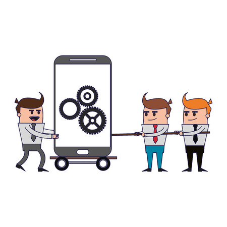 Businessmen pulling with rope smartphone on cart vector illustration graphic designのイラスト素材