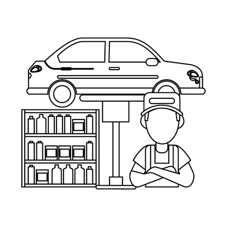 Car mechanic with vehicle on hydraulic arm vector illustration graphic designのイラスト素材
