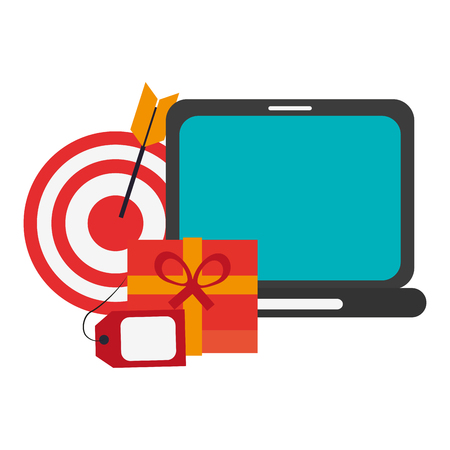 shopping onlinle laptop and gift box with label tag and target vector illustration graphic designのイラスト素材