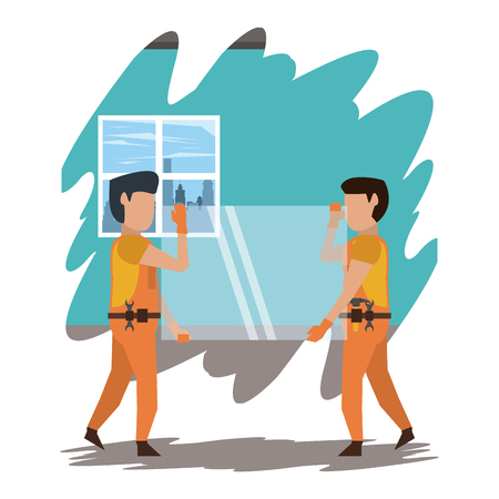 construction workers working with tool inside house over grunge background vector illustration graphic designのイラスト素材