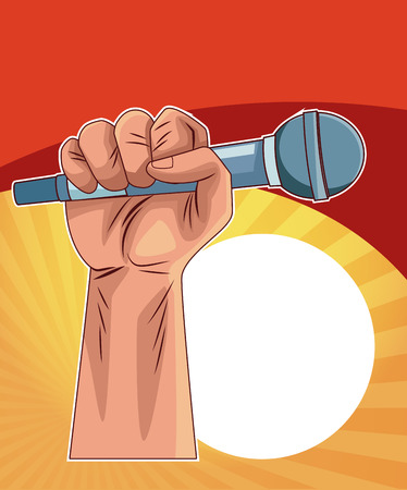 Entertainment show hand holding microphone over red and yellow background vector illustration graphic designのイラスト素材