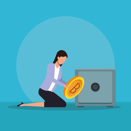 Bitcoin cryptocurrency businesswoman with bitcoin and strongbox vector illustration graphic designのイラスト素材