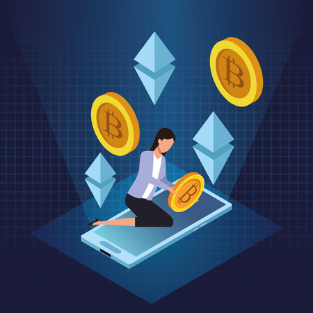 Bitcoin cryptocurrency businesswoman on smartphone vector illustration graphic designのイラスト素材