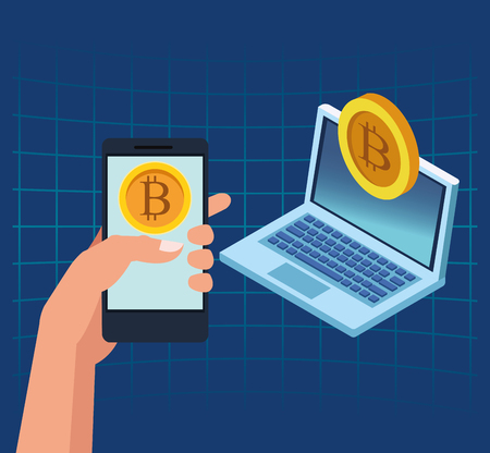 Bitcoin cryptocurrency hand with smartphone and laptop vector illustration graphic designのイラスト素材