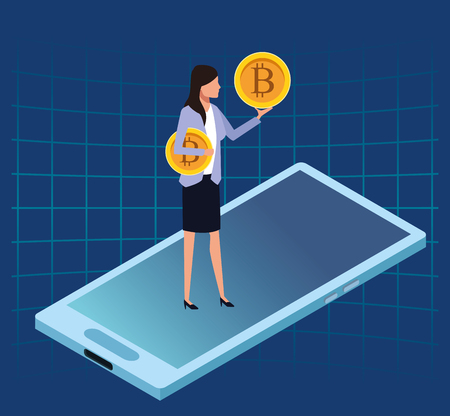 Bitcoin cryptocurrency businesswoman on smartphone vector illustration graphic designのイラスト素材