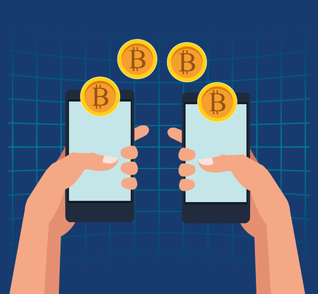Bitcoin cryptocurrency transfer with smartphones vector illustration graphic designのイラスト素材
