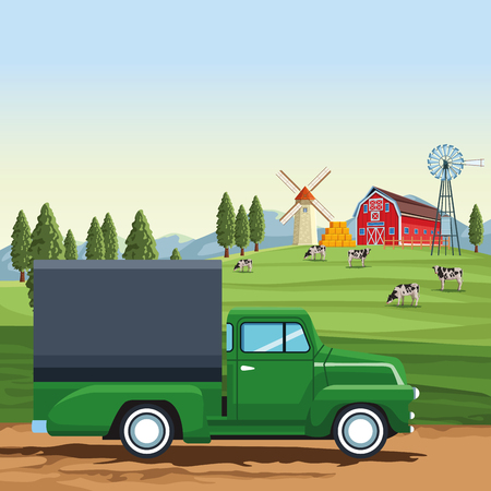 Farm cargo truck vehicle over landscape scenery vector illustration graphic designのイラスト素材