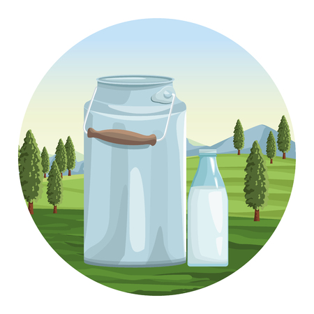 Farm milk jar and container on landscape round icon vector illustration graphic designのイラスト素材