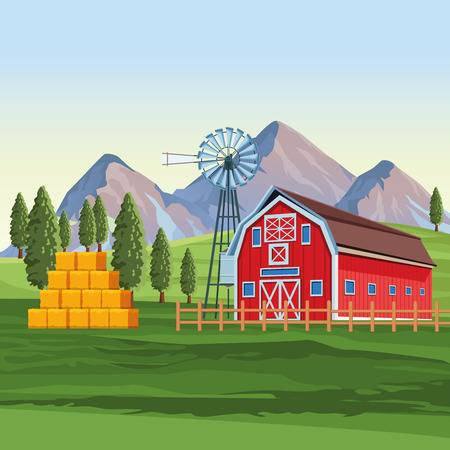 Farm with barn landscape scenery cartoon vector illustration graphic designのイラスト素材