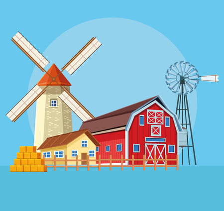 Farm with barn and windmills over blue background vector illustration graphic designのイラスト素材