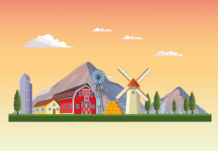 Farm with barn landscape scenery cartoon vector illustration graphic designのイラスト素材