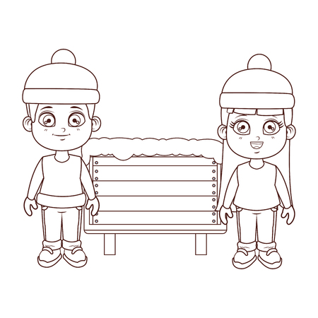 Boy and girl with winter clothes and wooden sign vector illustration graphic designのイラスト素材