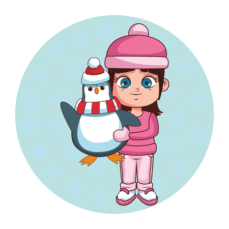 Girl with winter clothes and penguin cartoon over round icon background vector illustration graphic designのイラスト素材