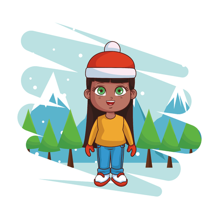 Girl with winter clothes cartoon in winter landscape scenery vector illustration graphic designのイラスト素材