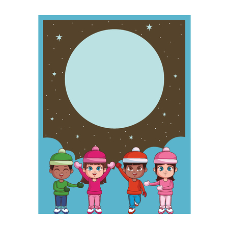 Happy Kids with winter clothes card with round blank frame vector illustration graphic designのイラスト素材