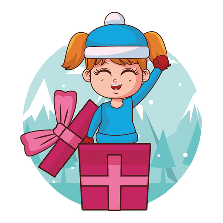 Girl with winter clothes inside gift box cartoon over snow mountains round icon vector illustration graphic designのイラスト素材
