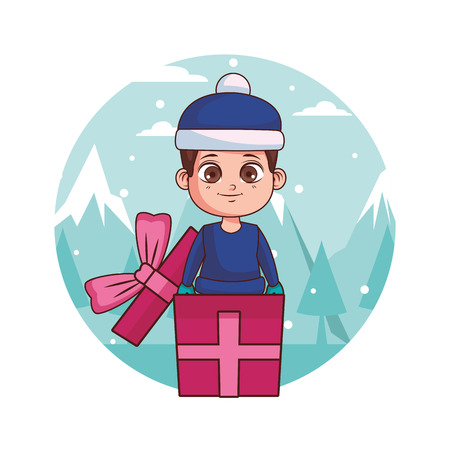 Boy with winter clothes inside gift box cartoon over snow mountains round icon vector illustration graphic designのイラスト素材