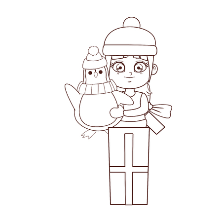 Girl with winter clothes and penguin inside gift box vector illustration graphic designのイラスト素材