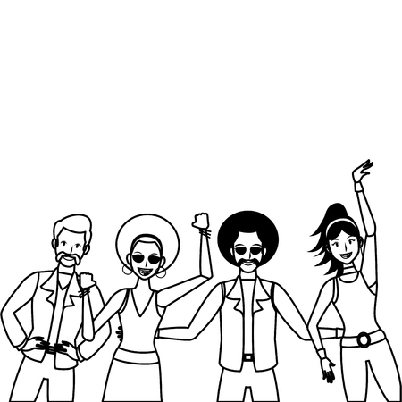 Disco people dancing cartoon in black and white vector illustration graphic designのイラスト素材