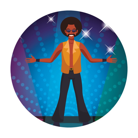 Disco man afro with sunglasses and mustache cartoon dancing brigthly round icon vector illustration graphic designのイラスト素材