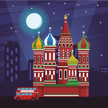 saint basil catherdral with double decker bus at night vector illustration graphic designのイラスト素材