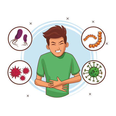 young man sick with microbes viruses and germs cartoon vector illustration graphic designのイラスト素材