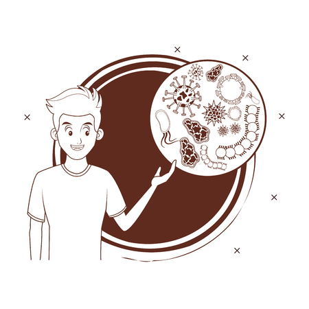 young man sick with microbes viruses and germs cartoon vector illustration graphic designのイラスト素材