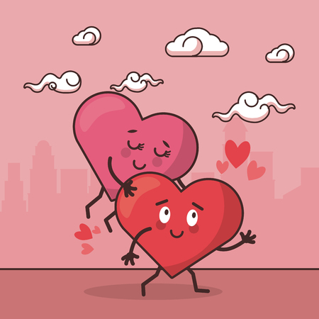 love hearts couple in front city landscape cartoon vector illustration graphic designのイラスト素材