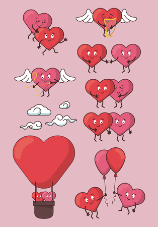 love hearts flying over hot air balloon cartoon vector illustration graphic designのイラスト素材